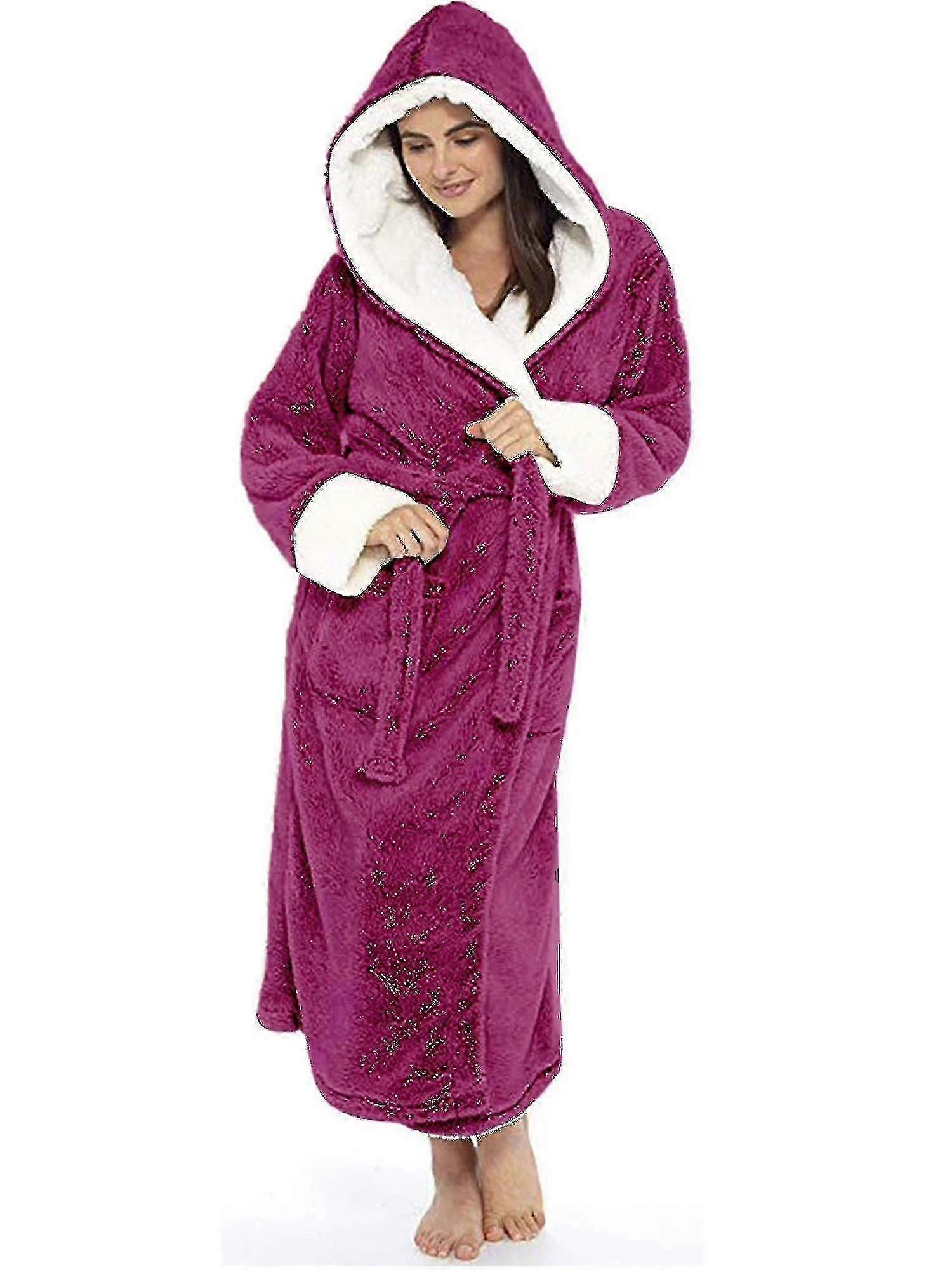 Fleece Bathrobe Womens Soft Dressing Gown Hooded Fluffy Towelling Long Bath Robe