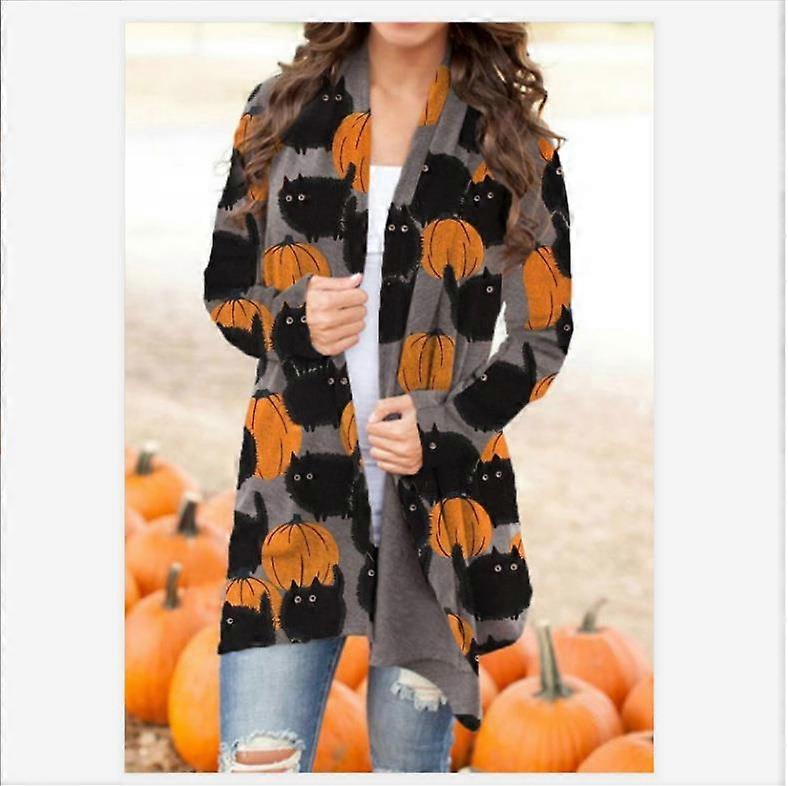 2022 Amazon European and American cross-border women&#39;s casual and versatile Halloween themed printed jacket and cardigan Black cat pumpkin on gra