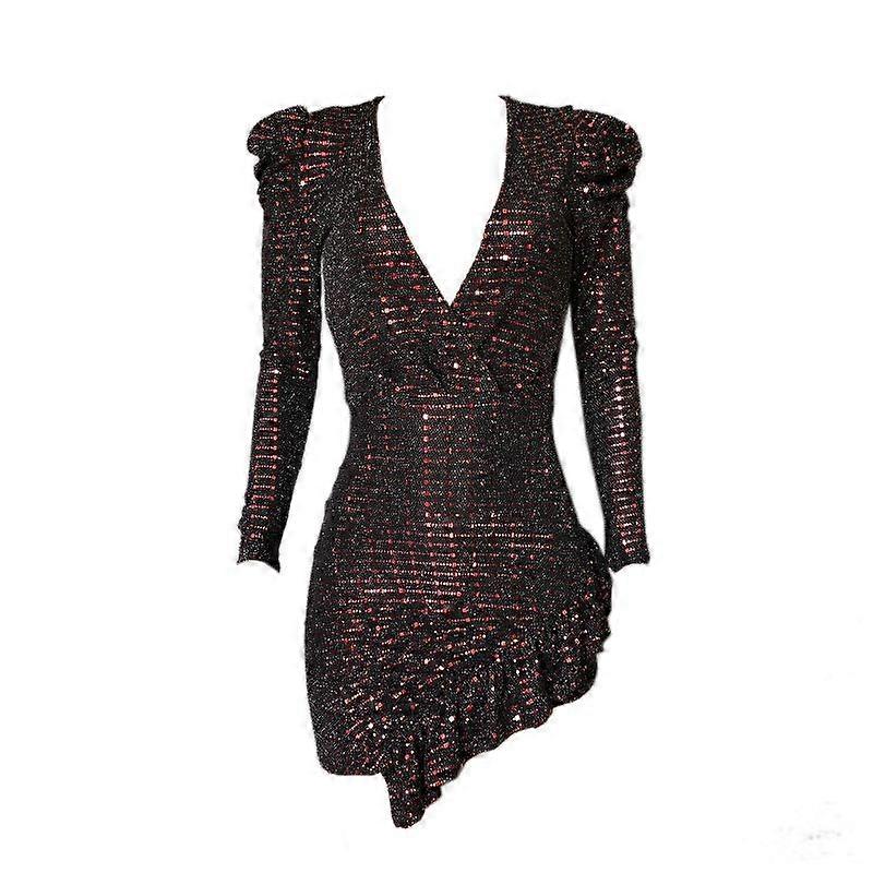Sexy Deep V Ruffle Sequins Long Sleeve Slim Stretch Dress