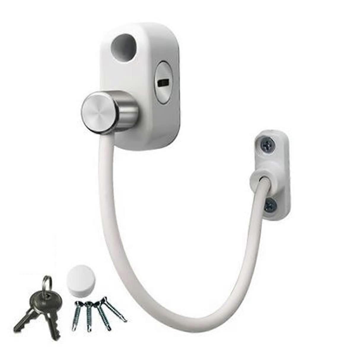 Window Door Cable Restrictor Lock Security Wire Catch with Key, Adjustable Design, White Finish, Child Safety Feature