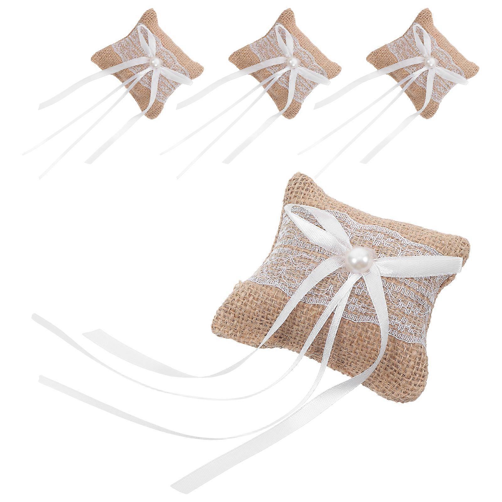 Wedding Ring Display Pillow Burlap Lace Ring Pillow Wedding Ceremony Rustic Vintage 4Pcs