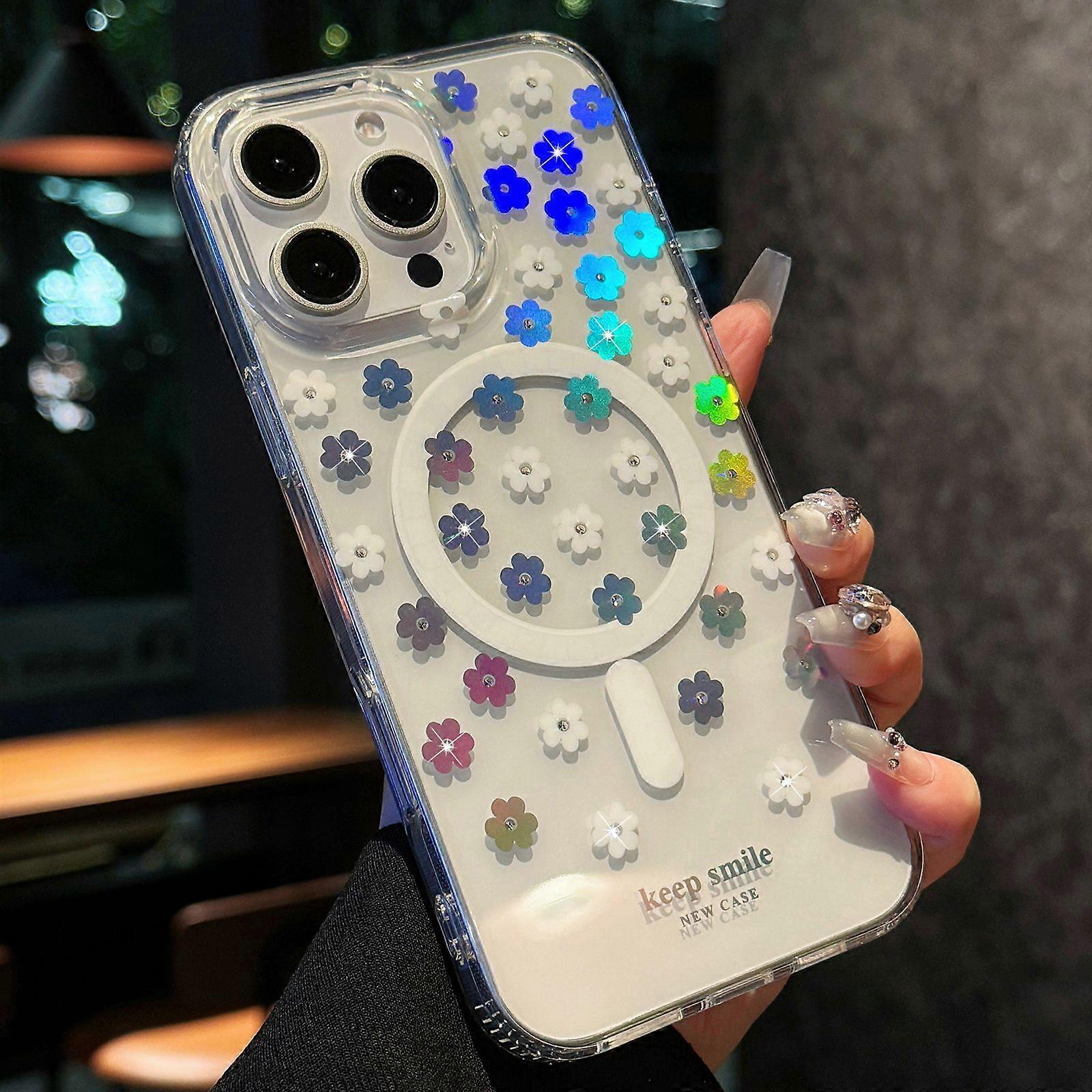 For iPhone 15 Pro Max Case Compatible with MagSafe Laser Flower PC+TPU Clear Phone Cover