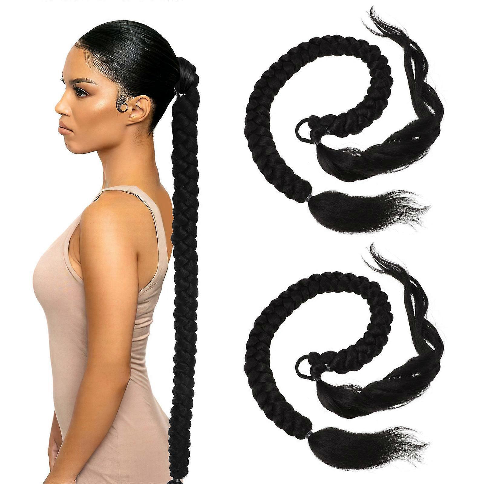 2pcs Long Braided Ponytail Extension Heat Resistant Synthetic Hairpiece for Black Women – Soft, Wear Resistant, Easy to Use with Realistic Look