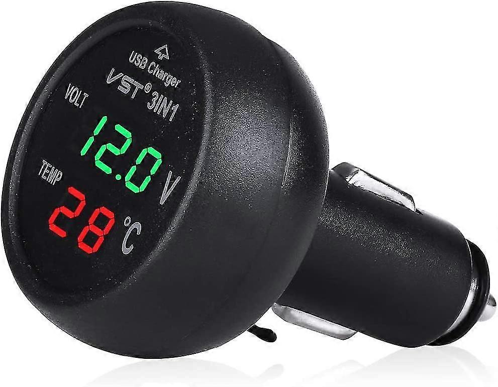 12-24 V Car Charger Socket With Usb Port/Voltmeter/Thermometer For Cars (Green + Red)