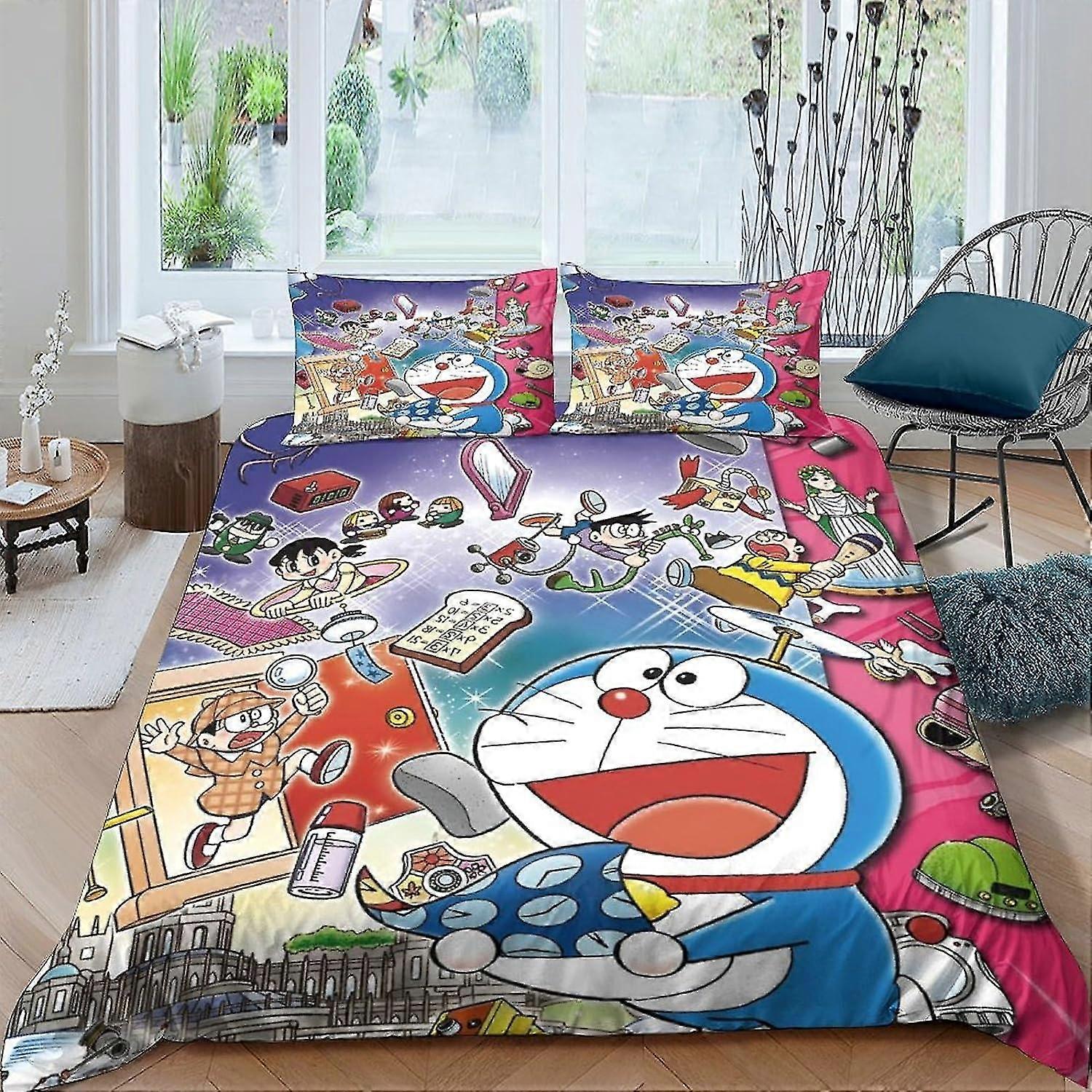 3D Printed Bedding Set for Little Blue Cat Comforter Cover, Soft and Breathable with Zipper Closure, 3 Piece Set