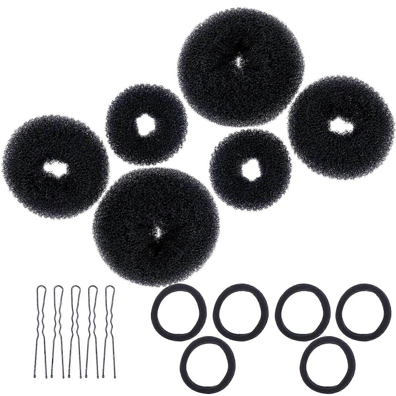 Black Hair Styling Kit with 3 Sets of Accessories Including Donut Bun Makers Elastic Bands and U