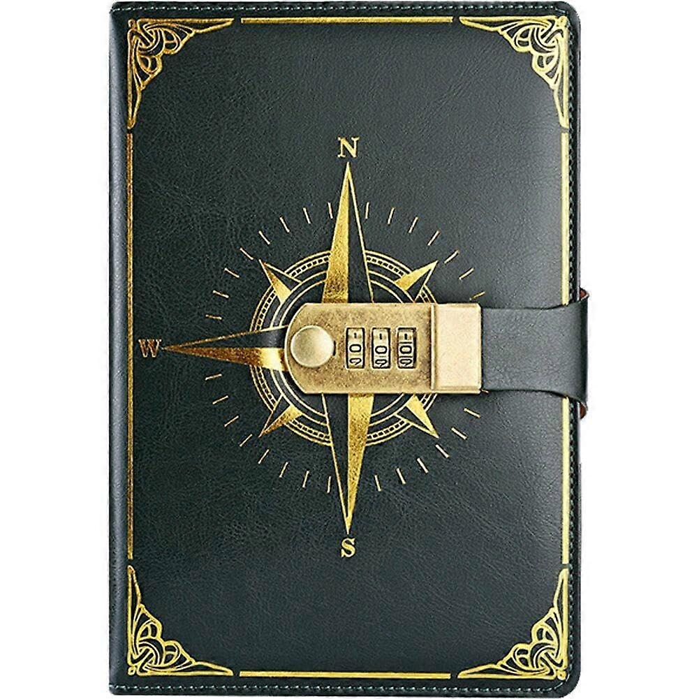Journal with Lock - A5 Vintage Compass Leather Diary Notebook, 3-Digit Password Lock, Green Journal for Men and Women