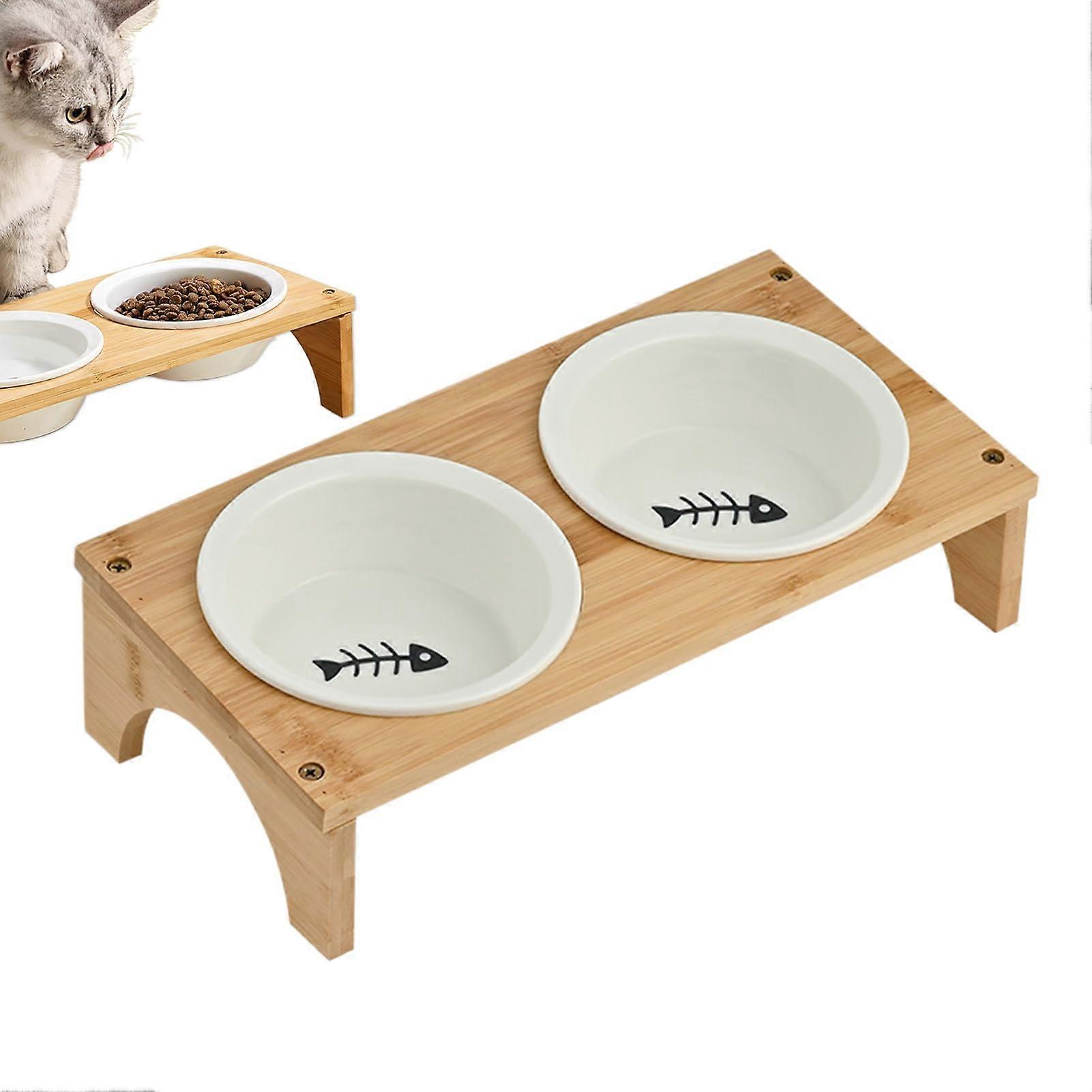 Elevated Dog Bowl Ceramic Food Bowl with Tilted Design Includes Wooden Stand, NonSlip Gentle on Whiskers for Puppies and Cats of All Sizes