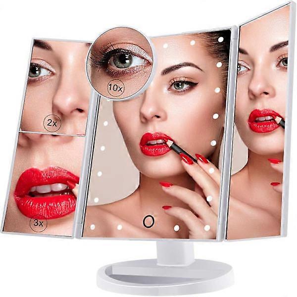 Makeup Mirror, Tri-Fold Magnifying Mirror with 21 LED Lights, Touch Screen, Dual Power, 180 Rotation