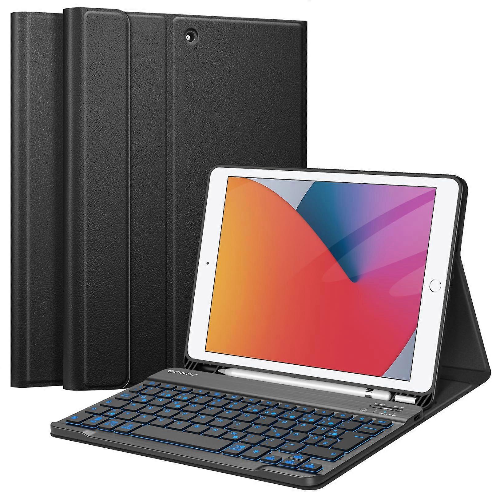 iPad 10.2 inch 7th Gen Keyboard Case – TPU Back Cover with Pencil Holder, Detachable QWERTZ Bluetooth Backlit Keyboard *Black
