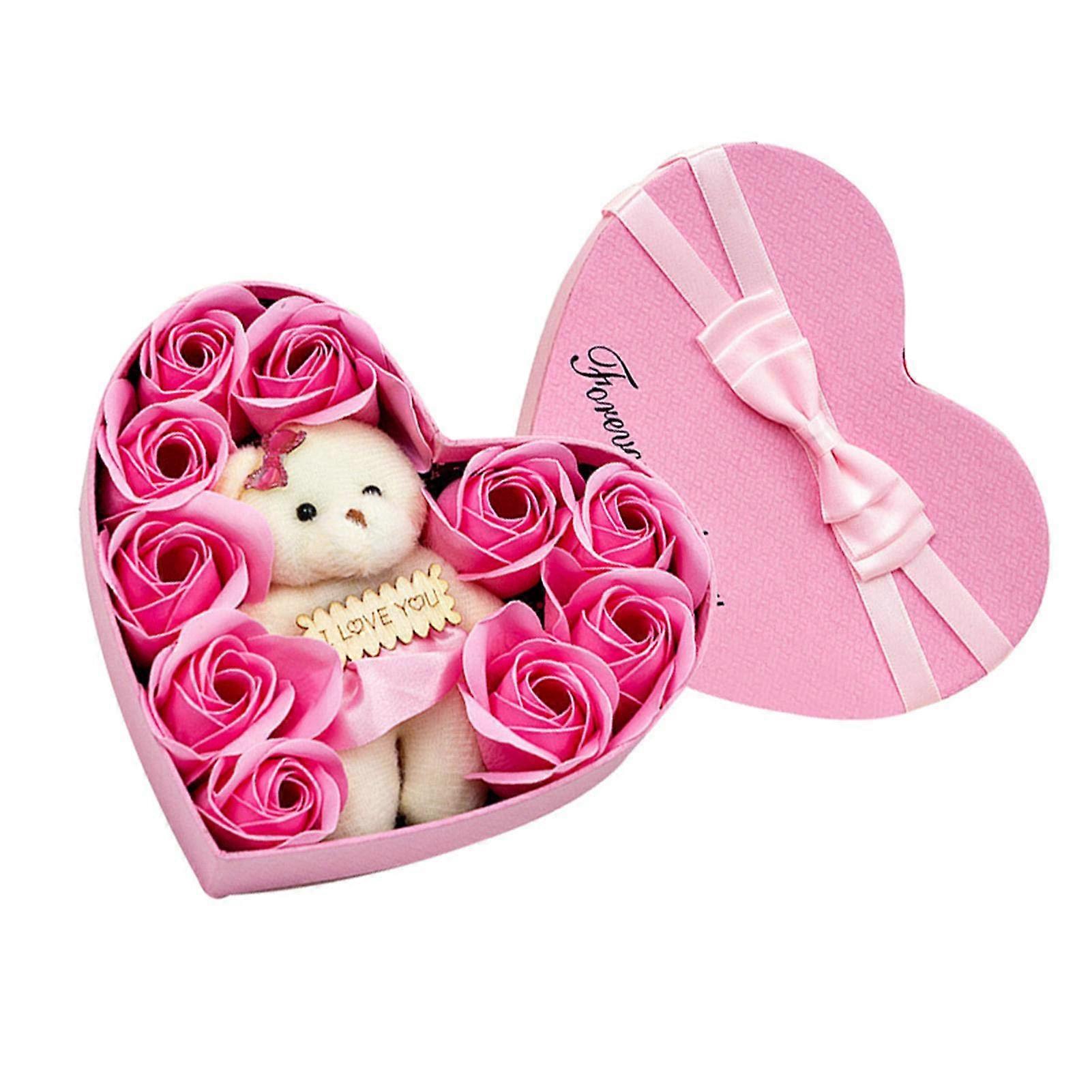 Rose Soap Flowers in Gift Box, Romantic Eternal Soap Flowers with Bears Bouquet