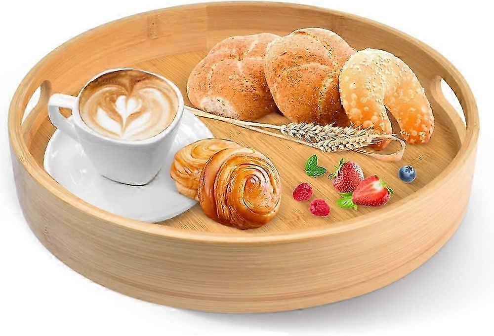 Bamboo Serving Tray 30*30*5cm Round Bamboo Tray Bamboo Serving Tray with Handle Round Wooden Serving Tray Round Wooden Table Tray for Tea Coffee