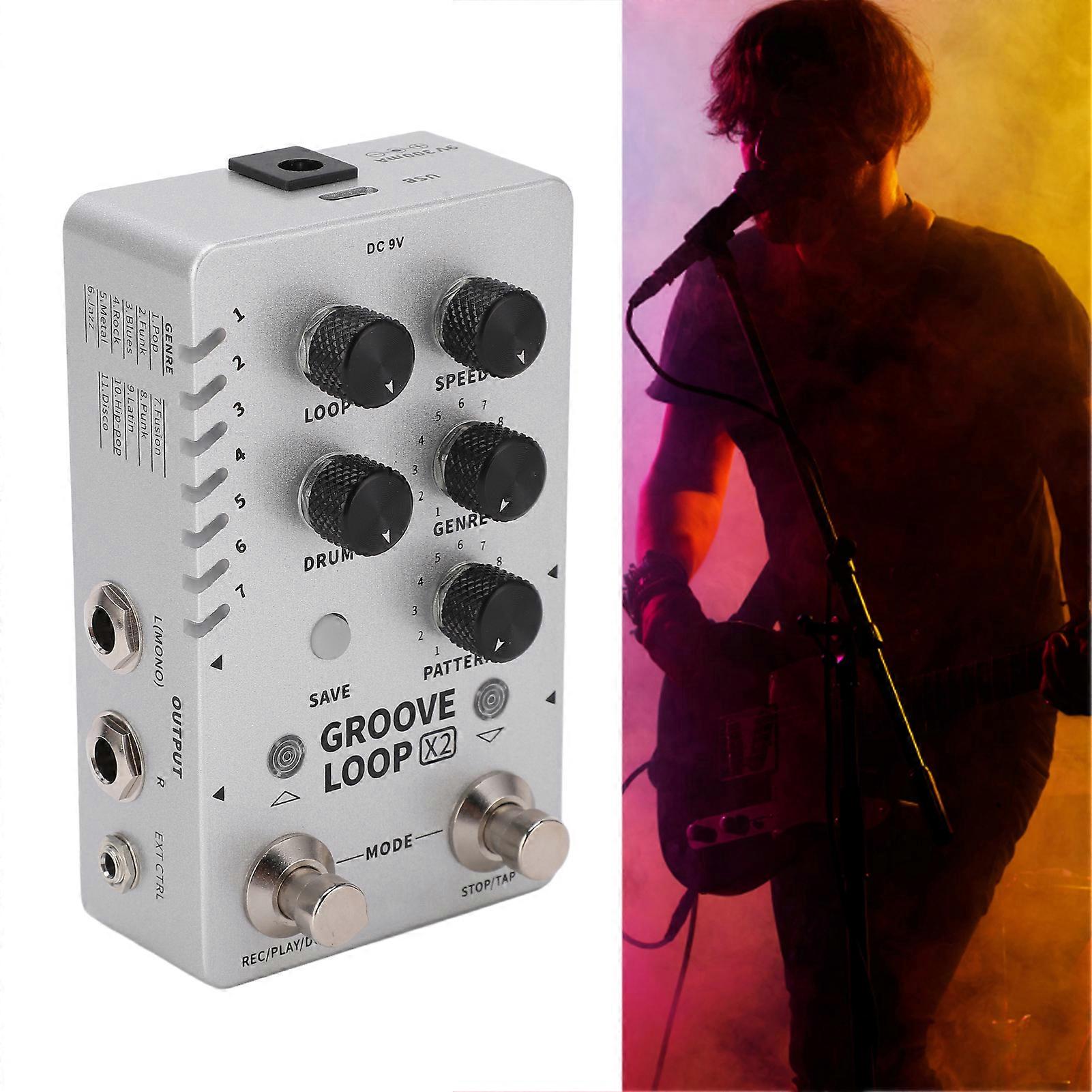 Phrase Loop Effect Stereo Drum Machine Pedal Silver with USB Cable EU Plug