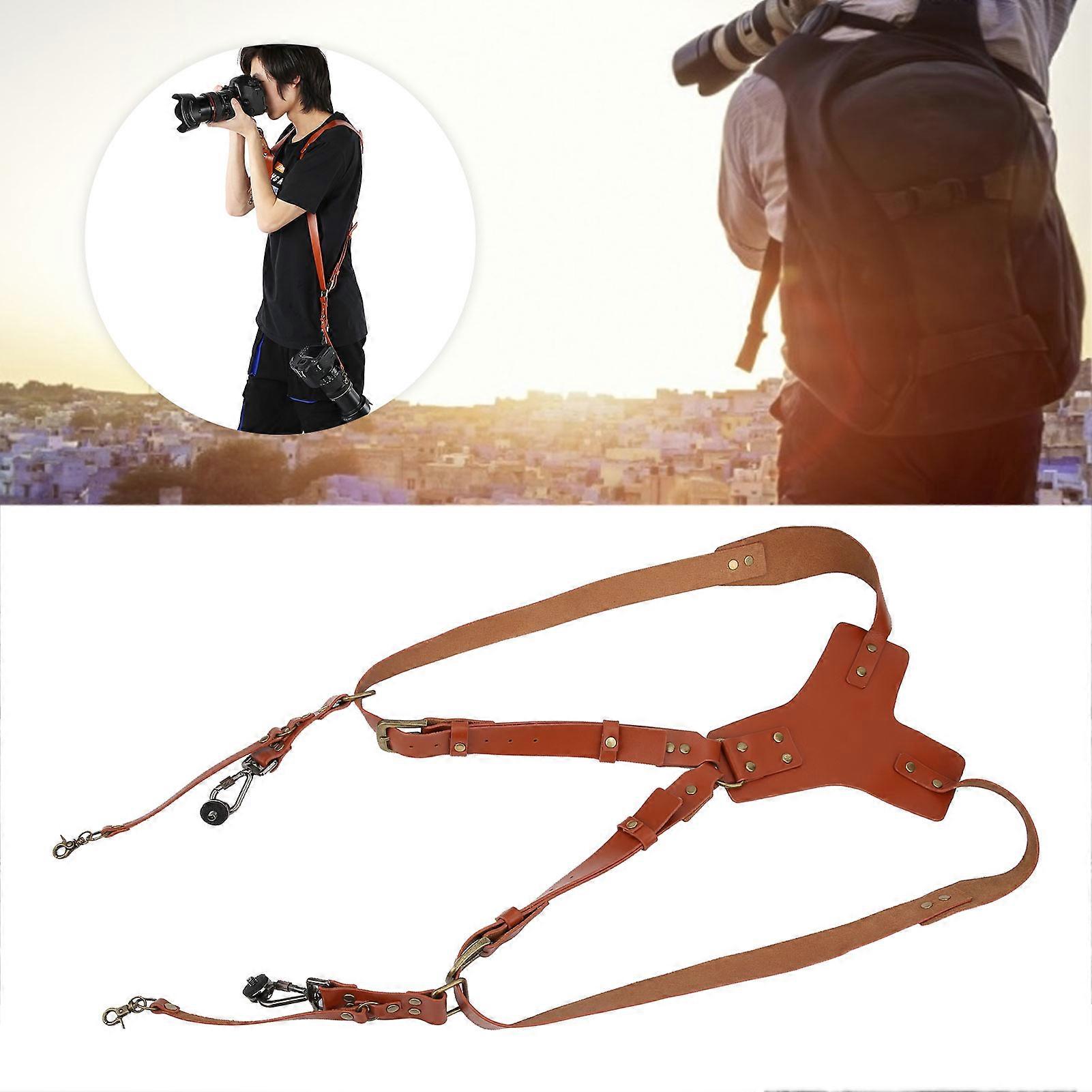 Adjustable PU Leather Rivet Double Shoulder Camera Harness Strap