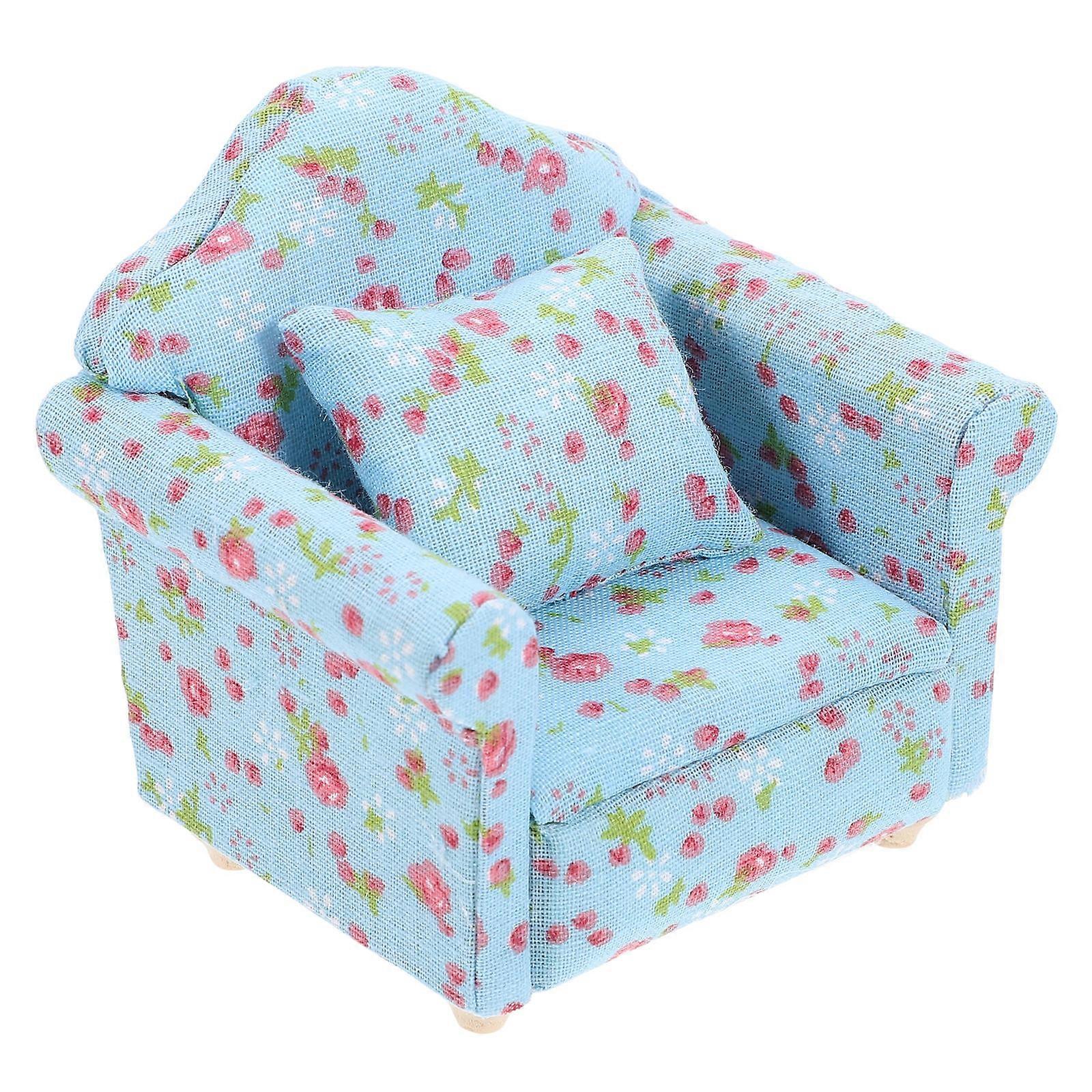 Miniature Sofa Decor Blue Cloth Sofa Model with 4Pcs for Doll House Use