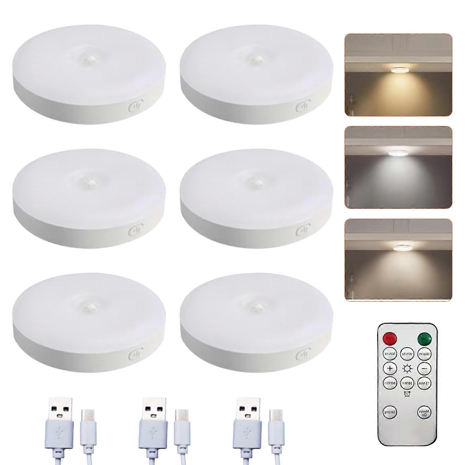 Stuffygreenus 6 Pack Rechargeable LED Puck Lights with Remote, 3 Color Temps, Dimmable Motion Sensor for Cabinet, Closet, Shelf