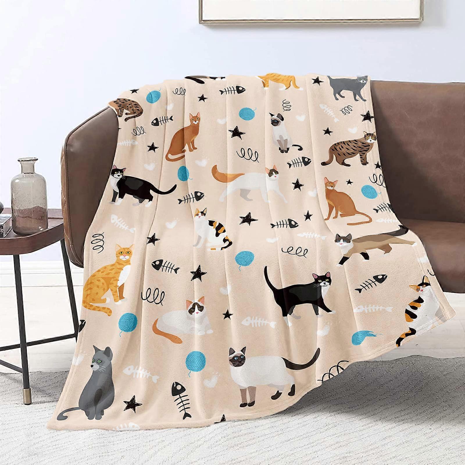 Cat Throw Blanket Flannel Fleece, 130x152 cm, Colorful Cat Print, Cat Yellow