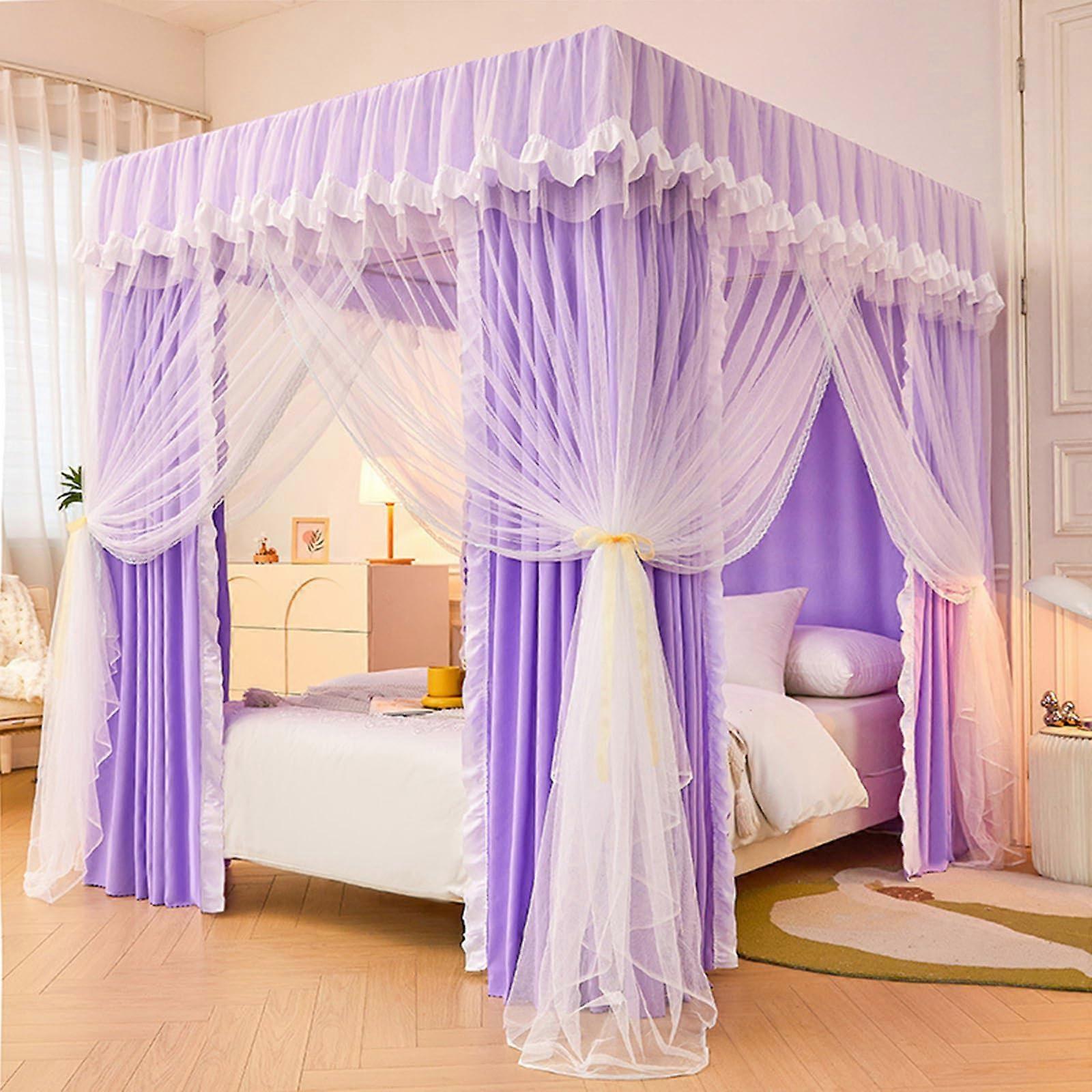 Canopy Bed Curtains with Full Blackout and Mosquito Net, Four Corner Princess Lace Design 1.8x2m