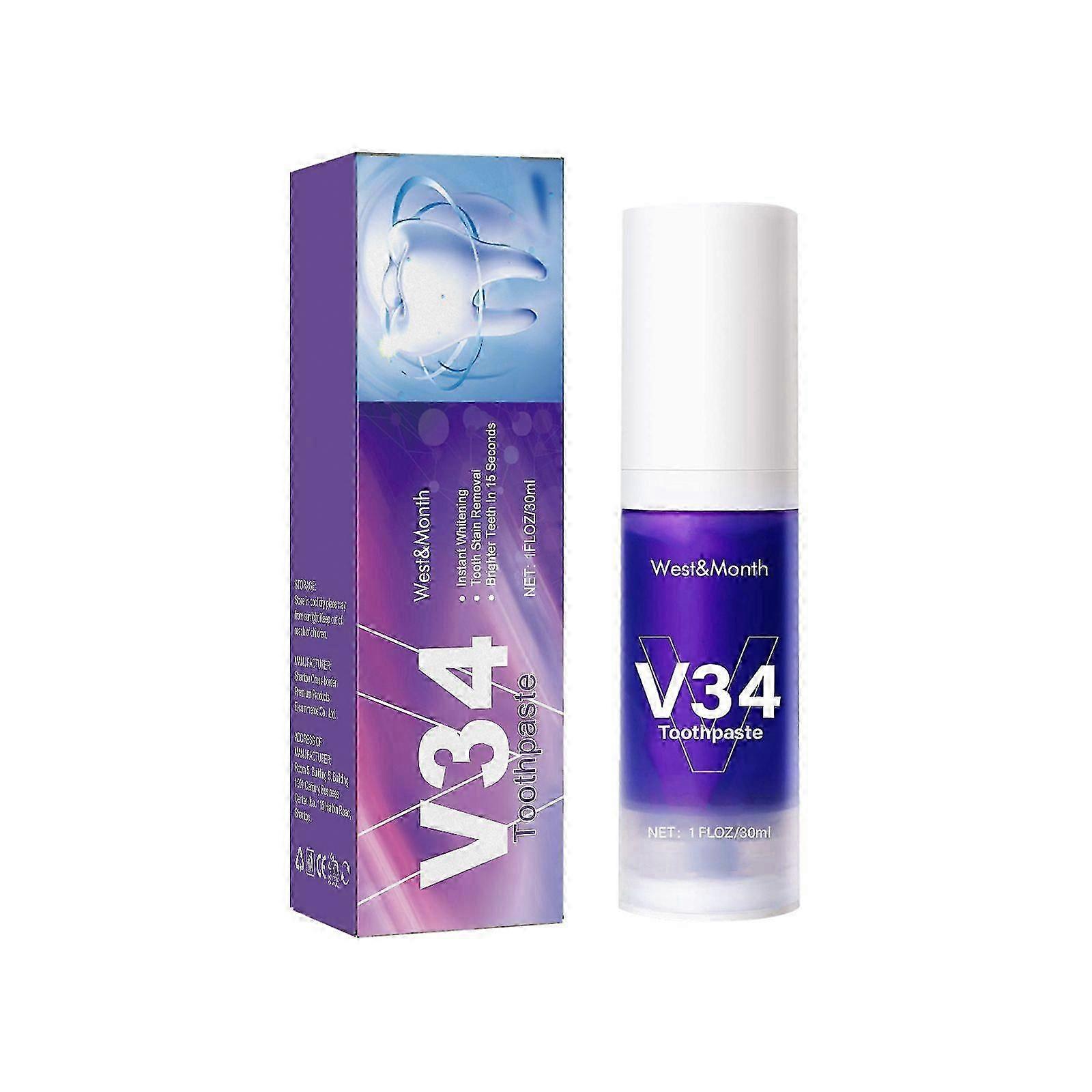 V34 Whitening Toothpaste - Brighten Teeth, Fresh Breath, Protect Gums & Reduce Stains with Advanced Color Correction Technology, 30ml Travel Size