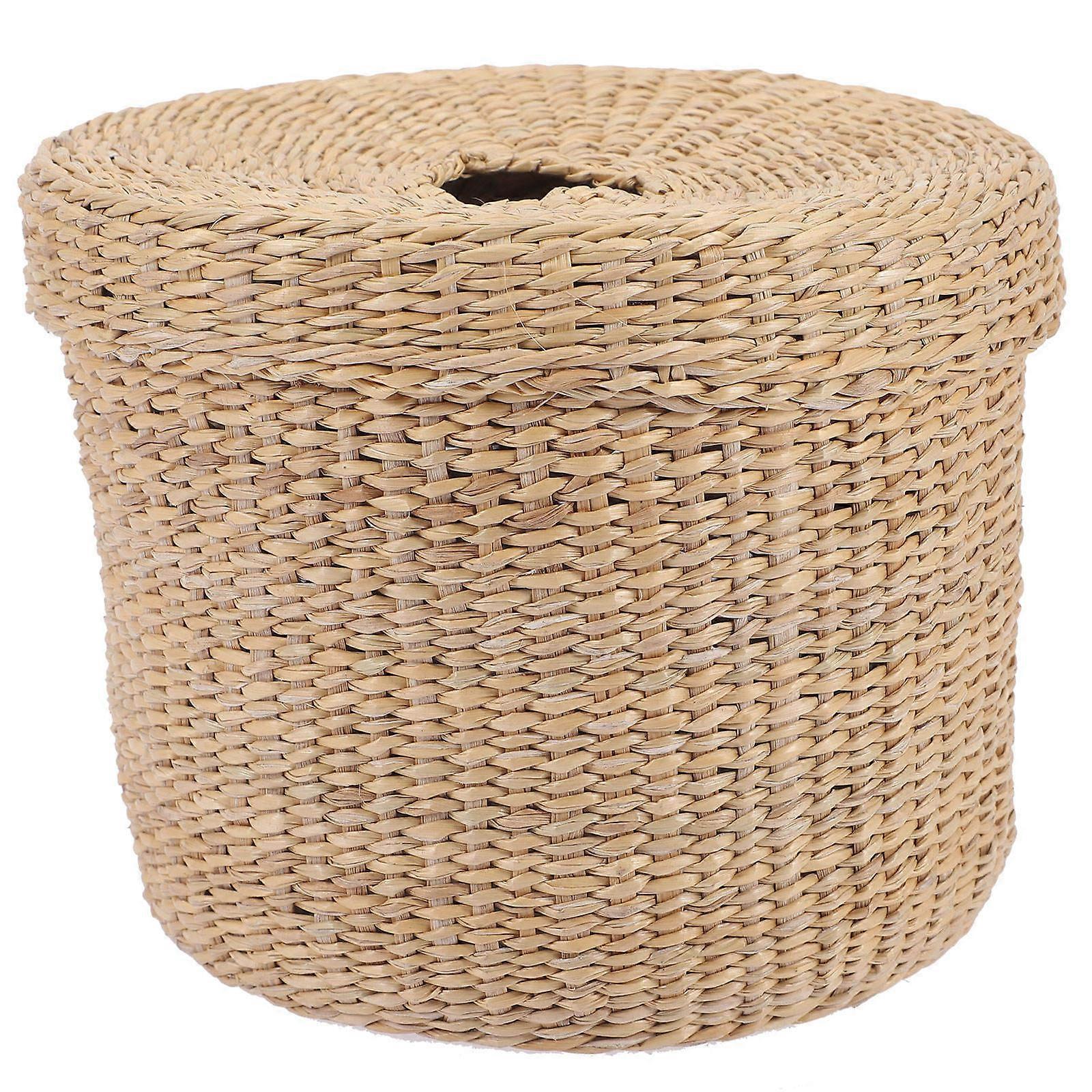 Yellow Round Straw Woven Tissue Holder for Storage on Desktop