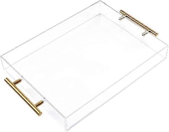 Large Clear Acrylic Serving Tray with Golden Handles, LeakProof Rectangular Organizer 40x30cm