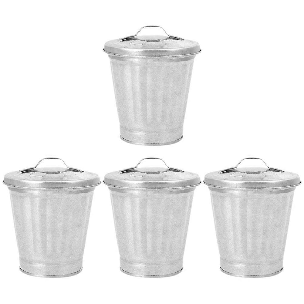 Metal Trash Can with Lid for Daily Use Silver Desktop Garbage Bin 4Pcs
