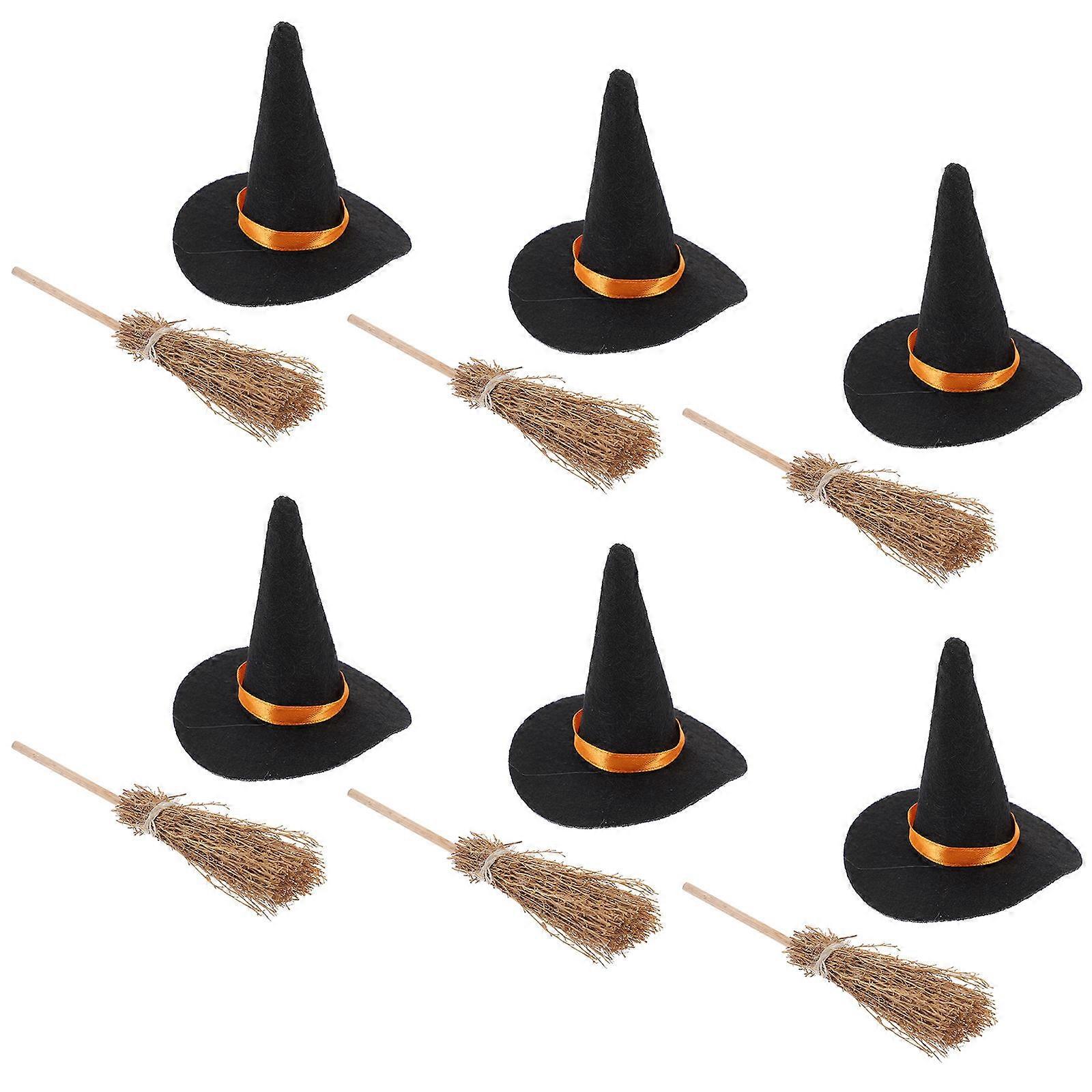 Assorted Color Hats for Decor Halloween Mini Broom Set 6Set