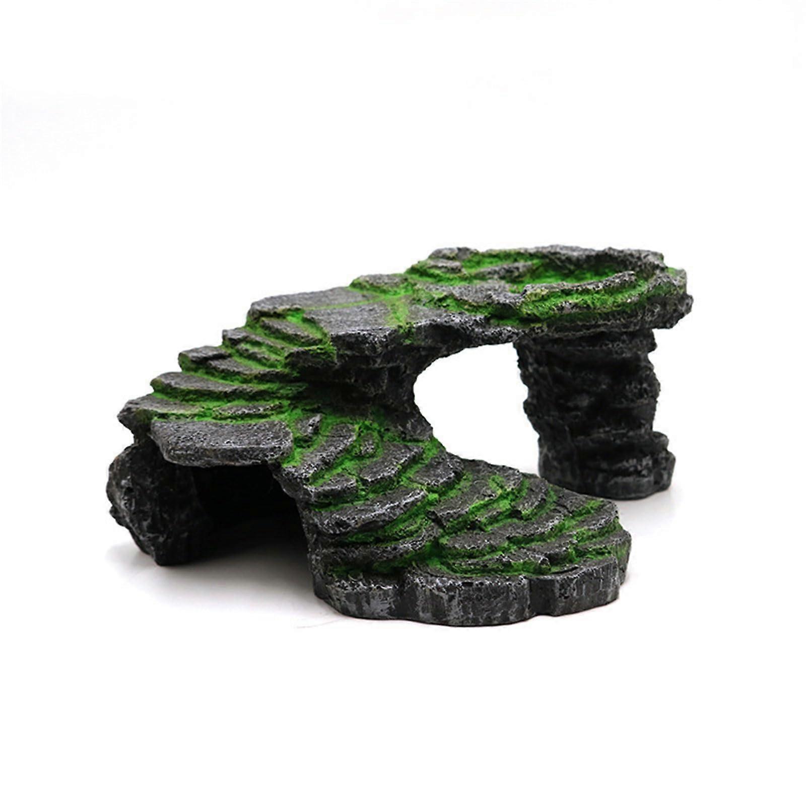 Resin Turtle Basking Platform with Reptile Hide Cave, Realistic Rock Design for Aquarium Sunbathing