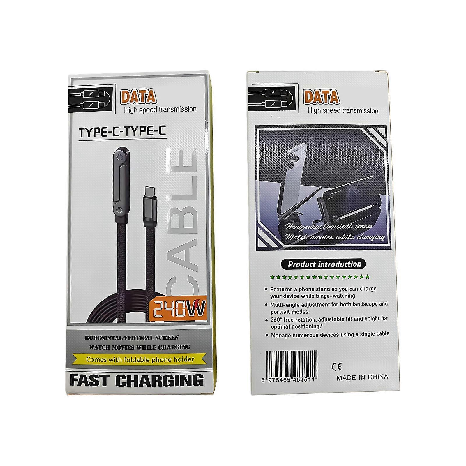 90 Degree Angled Connectors Fast Charging Data Cable 1.5m Braided 240W Powerful Featuring Integrated Foldable Stand Multicolor