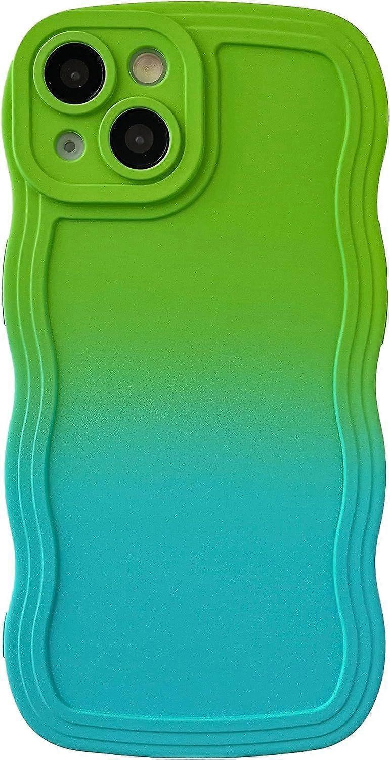 Gradient Solid Color Curly Wave Frame Soft Compatible with iPhone Case (Green Blue,iPhone 14)