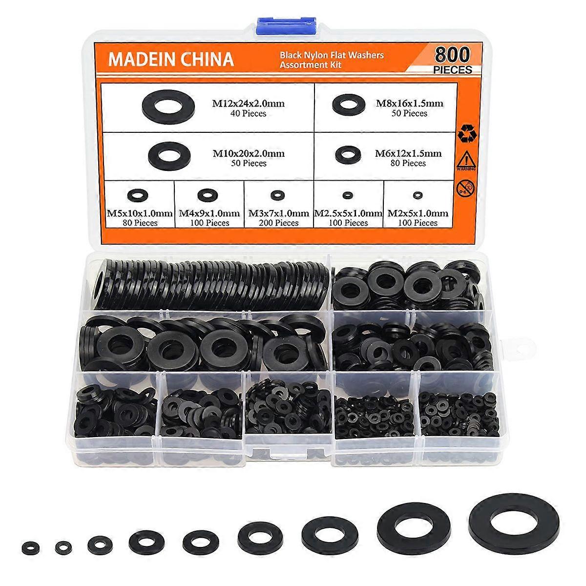 800pcs Black Plastic Flat Washers Nylon Washers 9 Sizes Washers Assortment Set