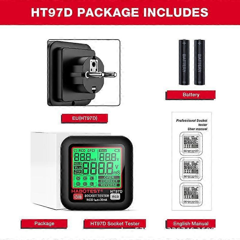 HT97 Socket Tester Pro Voltage Test LCD Digital Outlet Socket Detect US/UK/EU Plug Ground Zero Line Plug Polarity Phase Check