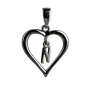 Silver heart Pendant with a hanging Initial N