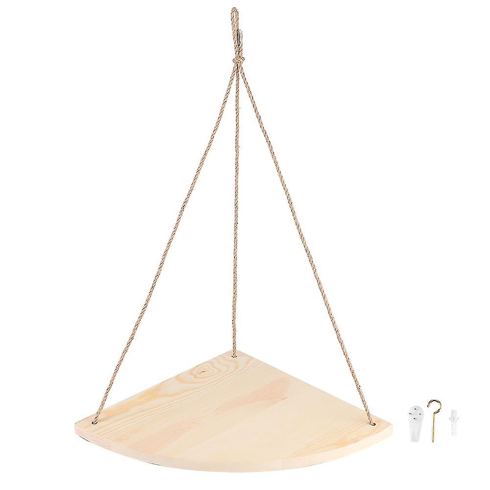 Fan-Shaped Wooden Wall Shelf Hanging Rope Design No-Drill Multi-Layer Storage Unit Natural Wood Finish Sturdy Material Space-Saving Home Decor For Ver
