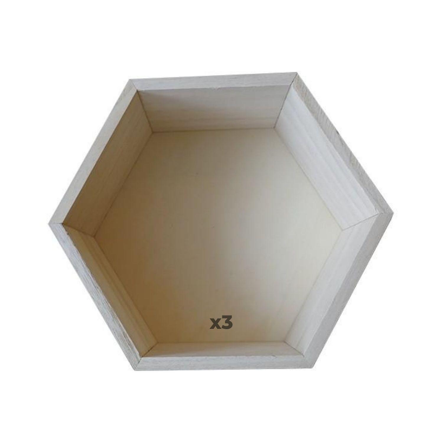 3 wooden hexagon shelves 39 x 34 x 10 cm