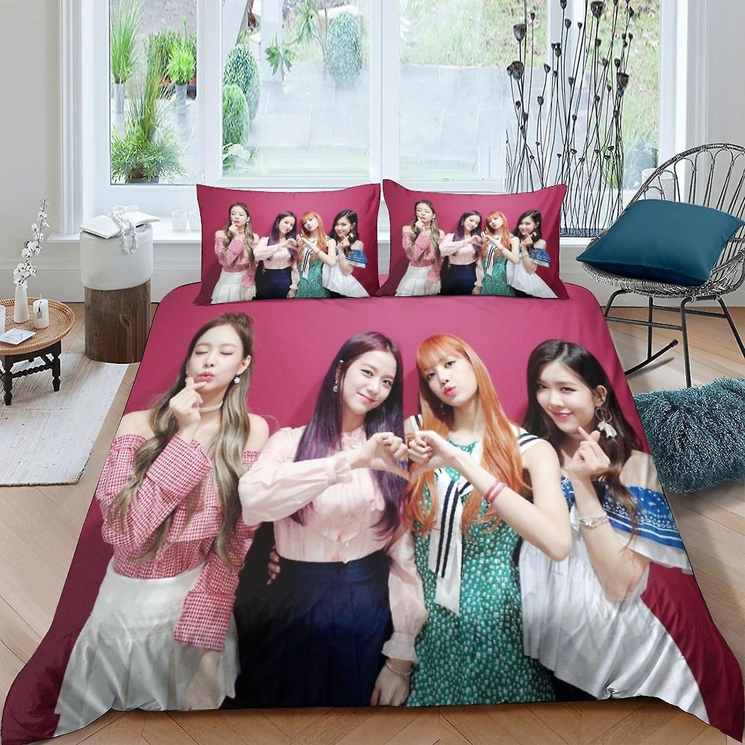 LOUSON BLACKPINK Ensemble de literie 3D Housse de couette Housse de couette en microfibre douce avec taies d’oreiller, Housse de couette 3 pièces King