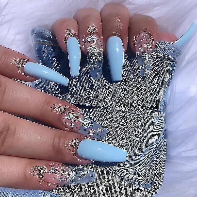 Extra Long Fake Nails Glue On Nails-blue Clear