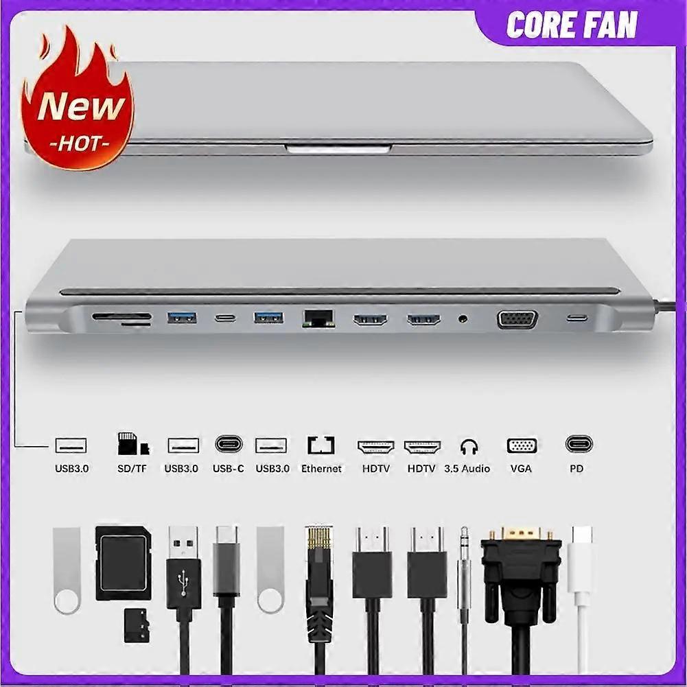 12 in 1 Type C Adapter HUB USB 3.1 to Dual HDMI compatible 4K RJ45 VGA Multi USB Splitter Docking Station with Audio 3.5mm Jack