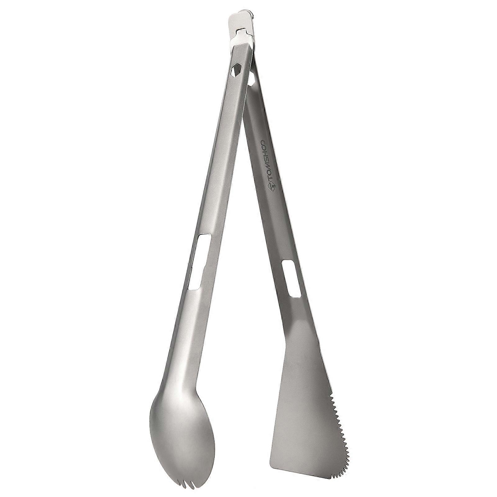 TOMSHOO Titanium Serving Tongs Multi-Purpose BBQ Tongs with Spork and Serrated Spatula for Camping Hiking Picnic Cooking
