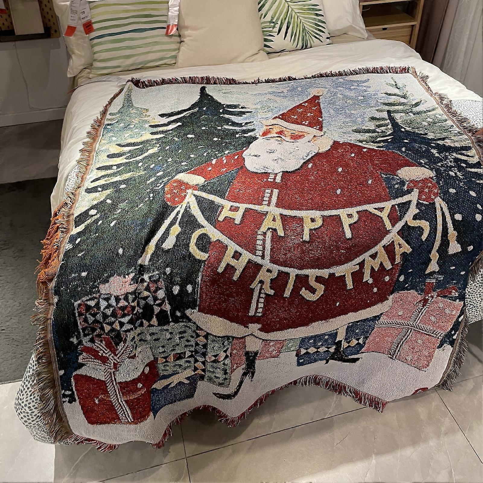 Christmas Blanket Beautiful Handmade Hairy Plush Allergy Free Keep Warm Cotton Santa Pattern Wall Hanging Tapestry Home Decor Household Supplies KAESI