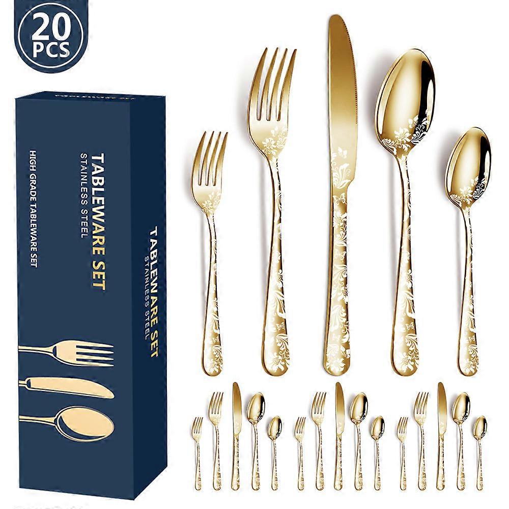 20 Piece Spoons and Forks Set with Unique Pattern, Stainless Steel Silverware, for Home Dining Restaurant, Mirror Polished Dishwasher Safe - Copper