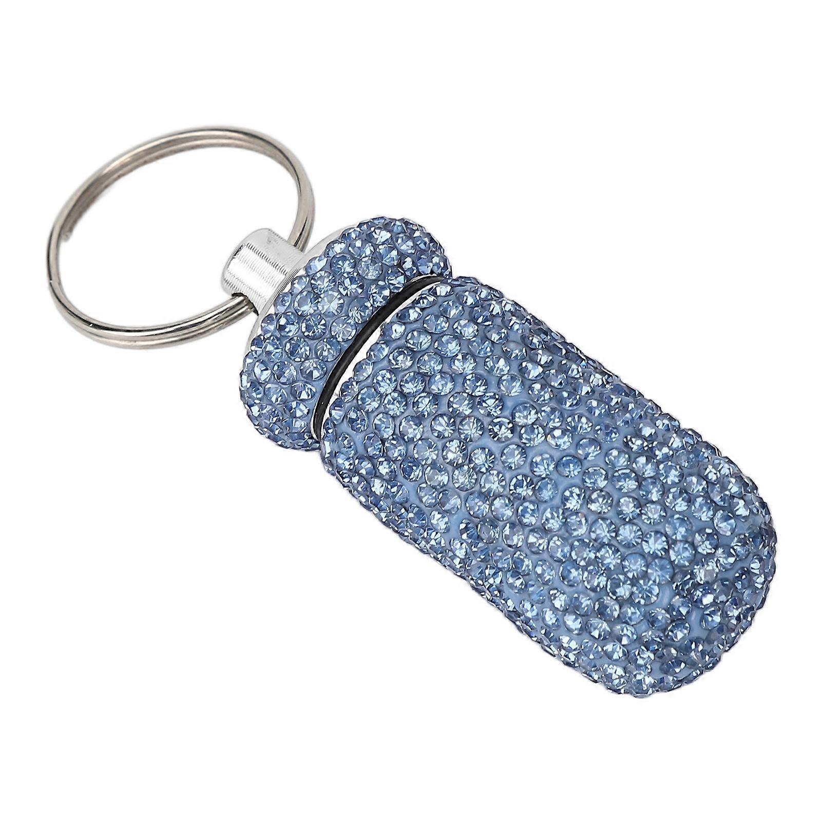 Light Blue Rhinestone Medicine Bottle Container Aluminum Alloy Portable Capsules Storage Case Box with Keyring