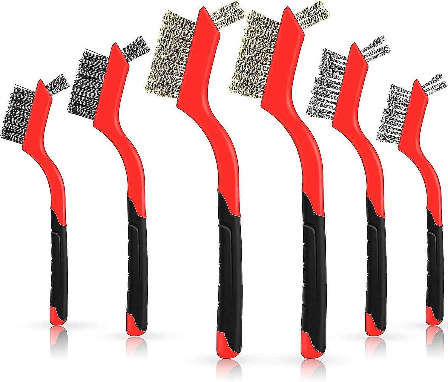 ワイヤーブラシ6本セット 真鍮/ステンレス鋼/ナイロンブラシ、ディープクリーニング用カーブハンドルグリップ付き 7
