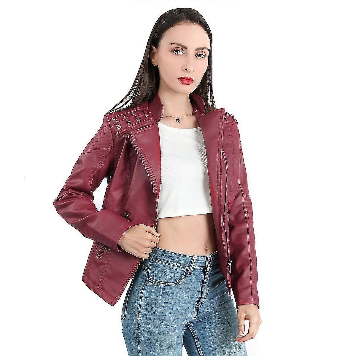 VAWAN Womens Casual Zipper Regular-fit Leather Jacket