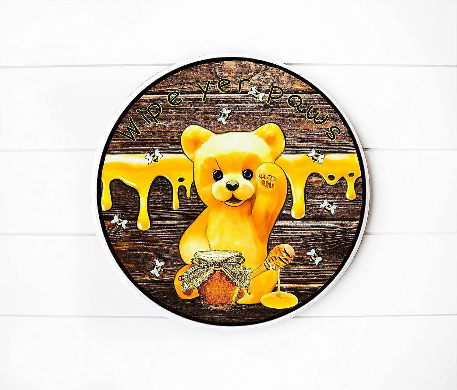 Placa de Madeira Redonda Estampada com Urso de Mel Estampado Limpa Suas Patas (8 polegadas com cordão de juta)