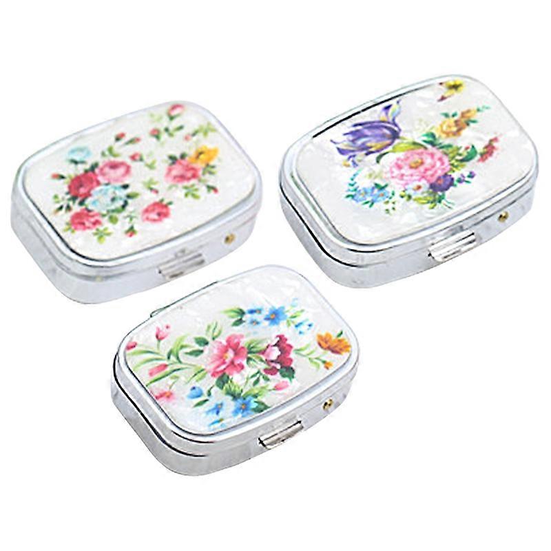 Metal Pill Box with Mirror Reusable Compact Portable Classified Store Pills Flower Print Oblong Shape Large Capacity Pill Organizer for Travel JIKAIX