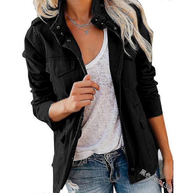 Dames Solid Loose Zipper Multi-Pocket Jacket-5XL-Black