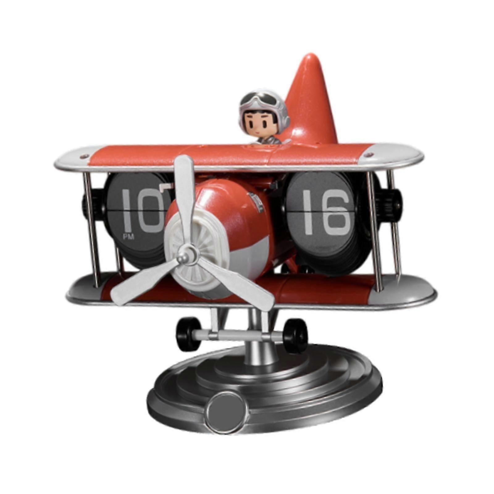 Airplane Statue Non Ticking Flip Down Clock for Countertops Bookshelf Office Red