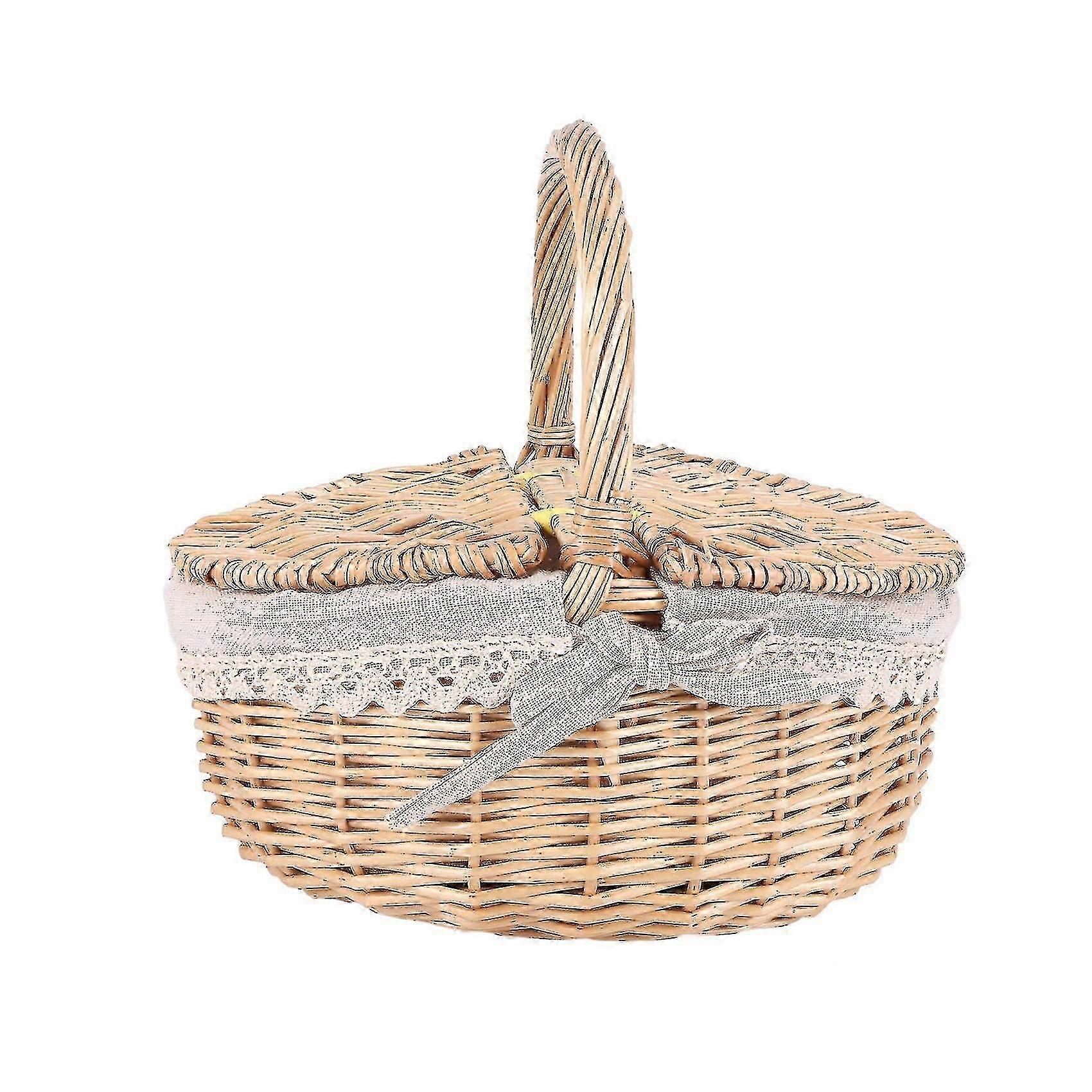 Handmade Wicker Basket With Handle Wicker Camping Picnic Basket With Double Storage Hamper Basket W