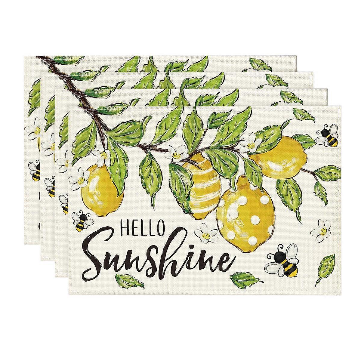 Lemon Bee Leaves Placemats Set Of 4, 12x18 Inch Table Mats For Kitchen And Dining